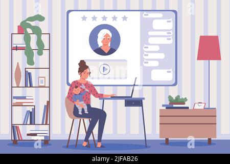Online education flat background with mother holding baby in her arms and watching video on laptop vector illustration Stock Vector