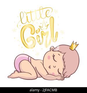 Baby girl as princess. Logo for baby product. Little princess portrait. Smiling girl with curly hair. Emblem for company with sample text. Vector illu Stock Vector