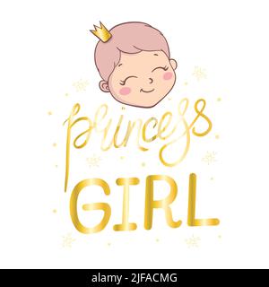 Baby girl as princess. Logo for baby product. Little princess portrait. Smiling girl with curly hair. Emblem for company with sample text. Vector illu Stock Vector