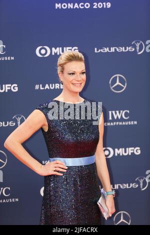 Maria Hoefl-Riesch former skier, Red Carpet, Laureus World Sports Awards 2019 ceremony at the Sporting, Principality of Monaco, Cote d'Azur Stock Photo