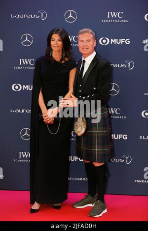 David Coulthard with woman Karen Minier, Red Carpet, Laureus World Sports Awards 2019 ceremony at the Sporting, Principality of Monaco, Cote d'Azur Stock Photo