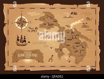 Detailed map of pirate treasure with frayed edges in vintage style flat vector illustration Stock Vector