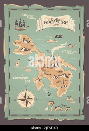 Old paper pirate map with ragged edges in grunge style for treasures hunting vector illustration Stock Vector
