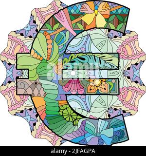 Zentangle stylized Euro sign on mandala. Vector illustration. Ethnic pattern Stock Vector