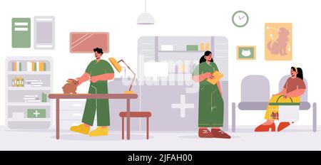 Vet clinic doctors working and caring of pets. Woman owner with cat in cage waiting appointment in veterinary hospital sit on chair, animal health car Stock Vector
