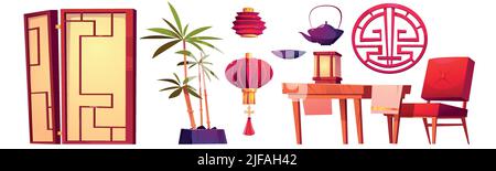 Chinese or japanese restaurant room with furniture for tea ceremony. Vector cartoon illustration of asian traditional red lantern, table, chair, foldi Stock Vector
