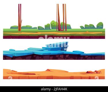 Seamless game ground textures of summer landscape, ice and desert. Vector cartoon set of level platforms soil, green grass and trees, frozen land and Stock Vector