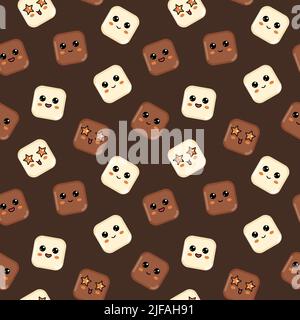 Milk white kawaii chocolate cubes seamless pattern. Chocolate bar background. Happy smiling star eyes pieces of chocolate characters. Vector illustrat Stock Vector
