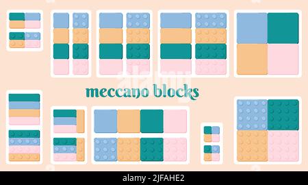 Meccano toys elements plastic construction kit blocks set. Erector set flat details coloful parts for kids party posters nursery card pattern vector i Stock Vector