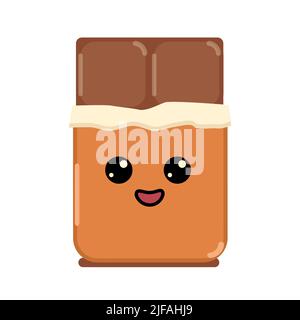 Kawaii chocolate bar cute and funny happy smiling comic character, flat cartoon emotional kawaii piece of milk chocolate, happy sweet mascote for icon Stock Vector