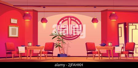 Chinese restaurant empty interior cartoon vector illustration. China cafe dinner room with traditional asian decoration and furniture, oriental red la Stock Vector