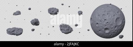 Stone asteroid belt realistic vector illustration. Meteor, space boulder or rock with craters flying in weightlessness isolated icon set on transparen Stock Vector