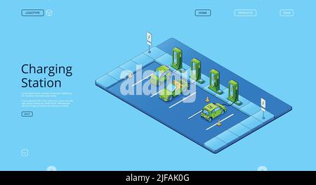 Banner of charging station for electric cars. Vector landing page with isometric illustration of electro vehicles, auto with energy battery on parking Stock Vector