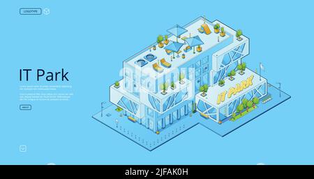 IT park banner with isometric modern business office building. Vector landing page of technopark, workplace for engineers and programmers teamwork for Stock Vector