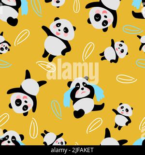 seamless pattern of panda in cute cartoon version,vector illustration Stock Vector