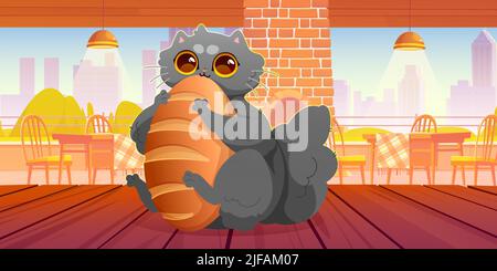Cute cat eat bread sitting on wooden table in bakery. Vector cartoon illustration of cafe interior with brick stove, tables, chairs and fluffy gray ki Stock Vector