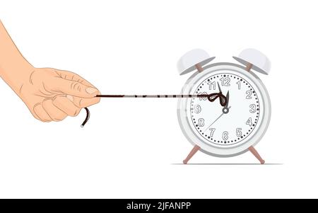 Stop Time concept. Stoping the time in vector illustration. Trying to stop a time. Clock stop by snail. snail pulling rope for stop clock. work Deadli Stock Vector