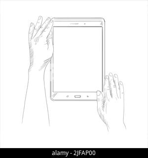 Tablet with hands sketch drawing illustration. Hand holding a tab mobile in sketch. Hand touching on tab screen in sketch illustration. Stock Vector