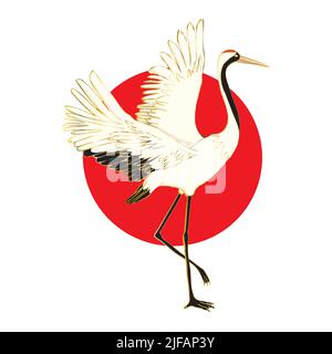 Red crowned crane flaps wings cartoon vector illustration. Mating dance of birds Stock Vector