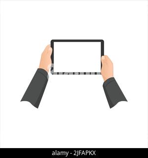 Tablet with hands vector illustration sketch drawing. Hand holding a tab mobile in illustration. Hand touching on tab screen in vector illustration. Stock Vector