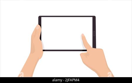 Tablet with hands vector illustration sketch drawing. Hand holding a tab mobile in illustration. Hand touching on tab screen in vector illustration. Stock Vector