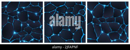 Cracked ground surface with blue magic glow seamless game textures. Abstract backgrounds with ruined land, dark stones with shiny light of plasma or m Stock Vector