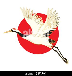 Red crowned crane flaps wings cartoon vector illustration. Mating dance of birds Stock Vector
