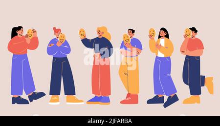 Sad male and female characters hiding faces behind of smiling masks expressing fake positive emotions. Men and women disguising real feelings, bipolar Stock Vector