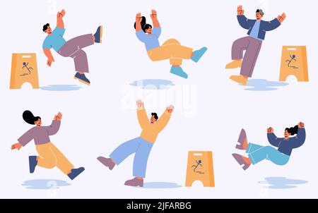 People fall down after slip on wet floor. Vector flat illustration with caution sign and characters slide on water or slippery floor and falling with Stock Vector