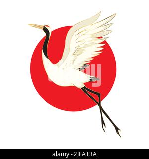 Red crowned crane flaps wings cartoon vector illustration. Mating dance of birds Stock Vector