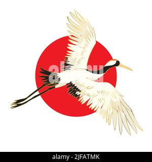 Red crowned crane flaps wings cartoon vector illustration. Mating dance of birds Stock Vector