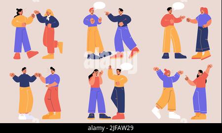 Set of couples quarrel, angry characters conflict. Husband and wife or friends scandal, family relations, domestic violence, spousal abuse. People swe Stock Vector