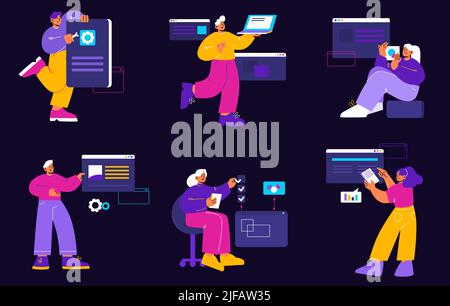 App development, web programming concept with developers team prototyping and testing software or site. Smartphone interface or mobile application bui Stock Vector