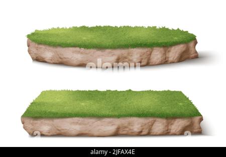 Land pieces with green grass realistic vector illustration. Trimmed round and square park or garden plots with soil and plants, perspective view isola Stock Vector