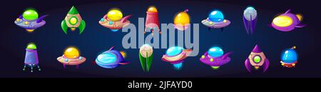 Alien spaceship game icons vector set. Funny rockets, ufo shuttles cartoon collection illustrations isolated on dark blue background. Fantasy cosmic o Stock Vector