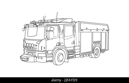 A fire truck line art nice Sketch drawing for any kind of T-shirt use or coloring book. This is a new style of firefighter vehicles illustration. A ve Stock Vector