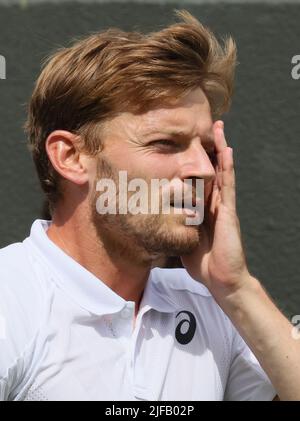 London, UK. 01st July, 2022. Belgian David Goffin reacts during a third round game in the men's singles tournament between Belgian Goffin and French Humbert at the 2022 Wimbledon grand slam tennis tournament at the All England Tennis Club, in south-west London, Britain, Friday 01 July 2022. BELGA PHOTO BENOIT DOPPAGNE Credit: Belga News Agency/Alamy Live News Stock Photo