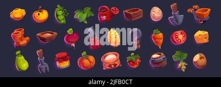 Set of game icons, gardening and farm cartoon elements. Vector milk bucket, apple, squash, green peas and spinach, watering can, wooden box, egg, shov Stock Vector
