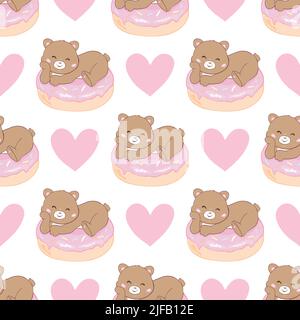 Seamless pattern with teddy bears, donuts. Hand draw lettering joy, sweet. Delicate color palette on a white background. Stock Vector