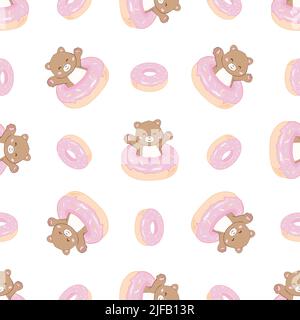 Seamless pattern with teddy bears, donuts. Hand draw lettering joy, sweet. Delicate color palette on a white background. Stock Vector