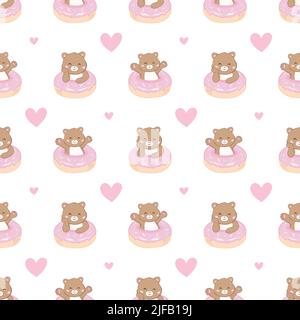 Seamless pattern with teddy bears, donuts. Hand draw lettering joy, sweet. Delicate color palette on a white background. Stock Vector