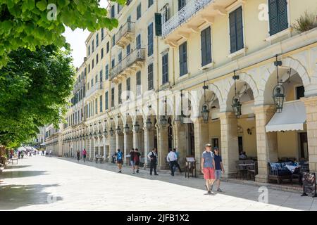 Arcaded terraces of The Liston, Corfu Old Town, Corfu (Kerkyra), Ionian Islands, Greece Stock Photo