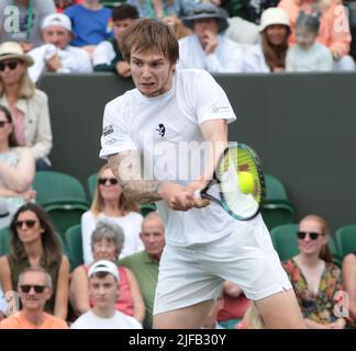 London, UK. 01st July, 2022. Kazakhstan's Alexander Bublik in action in his third round match against American Frances Tiafoe on day five of the 2022 Wimbledon championships in London on Friday, July 01, 2022. Tiafoe won the match 3-6, 7-6, 7-6, 6-4. Photo by Hugo Philpott/UPI Credit: UPI/Alamy Live News Stock Photo