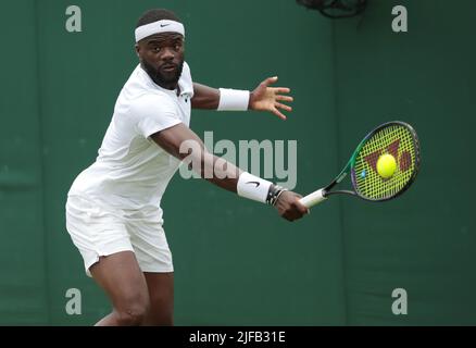 London, UK. 01st July, 2022. American Frances Tiafoe in action in his third round match against Kazakhstan's Alexander Bublik on day five of the 2022 Wimbledon championships in London on Friday, July 01, 2022. Tiafoe won the match 3-6, 7-6, 7-6, 6-4. Photo by Hugo Philpott/UPI Credit: UPI/Alamy Live News Stock Photo