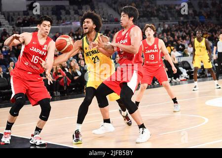 Melbourne, Australia. 1st July, 2022. Keanu Pinder (2nd L) of Australia competes during a Group B match between Japan and Australia of Basketball World Cup Asian Qualifiers in Melbourne, Australia, July 1, 2022. Credit: Bai Xue/Xinhua/Alamy Live News Stock Photo
