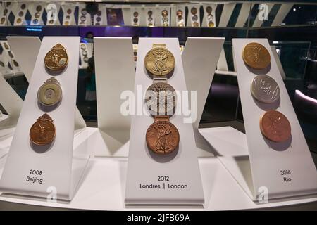 Switzerland, Canton of Vaud, Lausanne, the Olympic museum in the district of Ouchy on the shores of Geneva Lake, the hall of medal models of the different Olympic Games, Beijing 2008, London 2012 and Rio 2016 Stock Photo