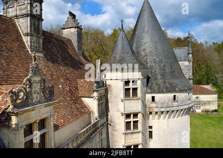 France, Dordogne, Périgord Vert, Villars, Renaissance style Puyguilhem castle, top of decorated skylight and staircase in the turret Stock Photo