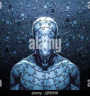 Mystery puzzle man - 3D illustration of dark mysterious male figure made of jigsaw pieces with abstract computer circuit board background Stock Photo