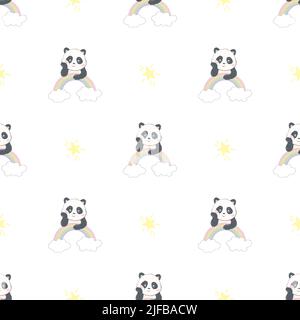 Panda Seamless Pattern Background, Happy cute panda flying in the sky between clouds and star, Cartoon Panda Bears Vector illustration for kids forest Stock Vector