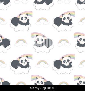 Panda Seamless Pattern Background, Happy cute panda flying in the sky between clouds and star, Cartoon Panda Bears Vector illustration for kids forest Stock Vector